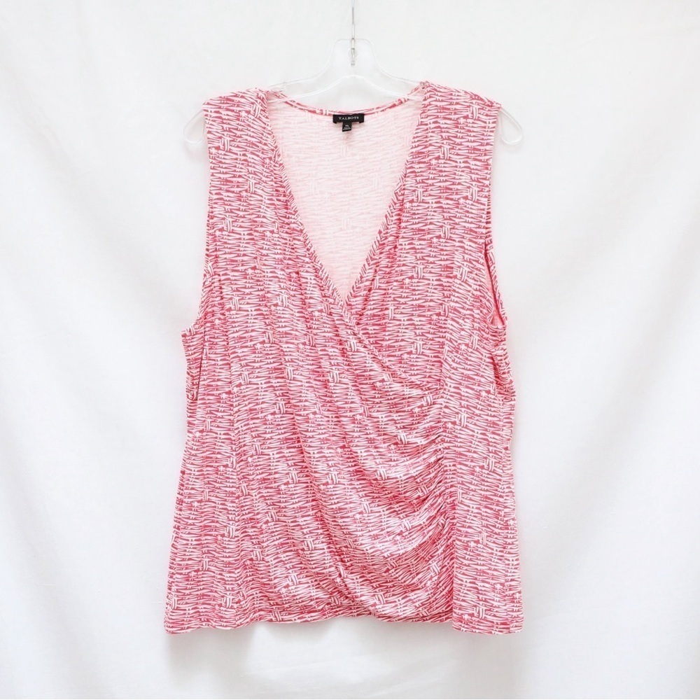 Talbots faux wrap sleeveless top XL red white abstract print soft stretch lounge